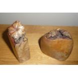 A PAIR OF EARLY 20TH CENTURY CHINESE SOAPSTONE SEALS STAMPS, with stamp to base, (i) with carved