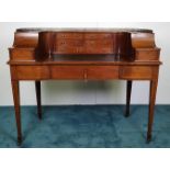 A RARE VERY GOOD QUALITY EDWARDIAN INLAID MAHOGANY CARLTON HOUSE DESK, with raised brass gallery