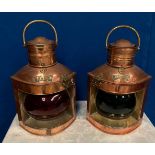 A NEAT SIZED PAIR OF COPPER SHIPS LANTERS, Port & Starboard, Port with curved red coloured glass