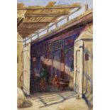 E. J. HAMMOND, "BAZAAR, MARDAN, PUNJAB", watercolour with gilt highlights on paper, laid on board,