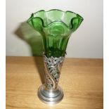 A SILVER VASE HOLDER, with original bottle green liner having with scalloped edge detail, the silver