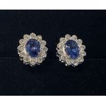 A LOVELY PAIR OF 18CT WHITE GOLD CEYLON SAPPHIRE & DIAMOND CLUSTER EARRINGS, Sapphires weigh 4.60cts