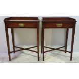 A GOOD QUALITY PAIR OF 20TH CENTURY MAHOGANY SIDE TABLES, each with a three quarter raised