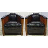 A PAIR OF TOP QUALITY BLACK LEATHER & CHERRY WOOD ART DEO STYLE ‘AVIATOR’ CLUB ARMCHAIRS, in