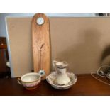 A MIXED LOT includes, a pitcher and bowl, a bowl with handle and a wall barometer