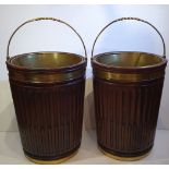 A QUALITY PAIR OF 20TH CENTURY MAHOGANY BRASS BOUND GEORGIAN STYLE IRISH PEAT / TURF BUCKETS, with