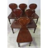 A VERY RARE SET OF 6 19TH CENTURY SOLID MAHOGANY HALL CHAIRS, with curved back rests, and solid