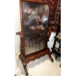 A GOOD QUALITY 19TH CENTURY MAHOGANY CHEVAL MIRROR, circa 1870, the full length tilting mirror is