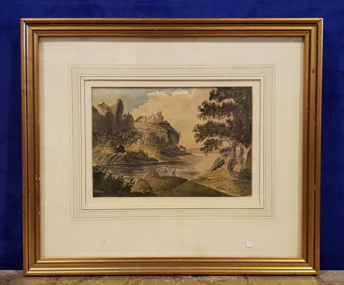ATTRIB. TO SOPHIA BRISCOE, “SUMMER HILL, FIGURES FISHING IN A LANDSCAPE”, watercolour on paper, ‘ - Image 2 of 3