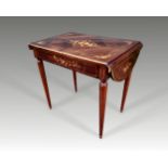 A VERY FINE 19TH CENTURY FRENCH ROSEWOOD DROP LEAF TABLE, with brass moulded top, decorated with