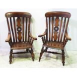 A RARE HIS & HERS PAIR OF 19TH CENTURY ASH & ELM WINDSOR ARMCHAIRS, the back support is shaped and