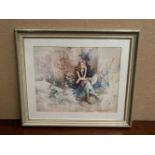 A FRAMED PRINT, A girl seated holding a fan, 24 inches x 28 inches approx frame