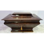 A GOOD QUALITY EDWARDIAN INLAID ROSEWOOD BOX, sarcophagus shaped box, decoratively inlaid with