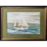 A FRAMED PAINTING, RACING YACHT, indistinctly signed, oil on card, 22 inches high x 28 inches wide