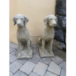 A PAIR OF STONE GARDEN ORNAMENTS, in the form of two hounds, 73cm tall approx.