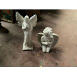 TWO STONE GARDEN ORNAMENTS, in the form of angels, (i) 20inches tall (ii) 15 inches tall approx.