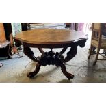 A 19TH CENTURY WALNUT OVAL BREAKFAST TABLE, on four shoot pod, burr walnut, with serpentine top,