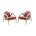 A LOVELY ART DECO INSPIRED PAIR OF LEATHER AND CHROME ARMCHAIRS, with tubular shaped frame, in