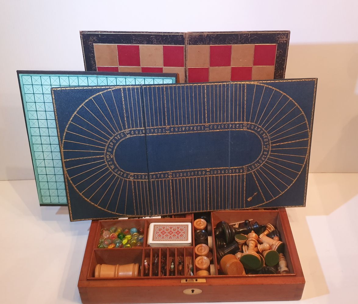 A RARE 19TH CENTURY MAHOGANY GAMES BOX, including contents, with chess, draughts, 3 board games - Image 5 of 5