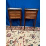 A PAIR OF MAHOGANY MARBLE TOPPED SIDE LOCKERS, each with a raised three quarter brass gallery,