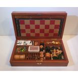 A RARE 19TH CENTURY MAHOGANY GAMES BOX, including contents, with chess, draughts, 3 board games