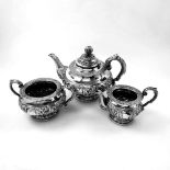 AN ANTIQUE WILLIAM IV IRISH STERLING SILVER THREE PIECE TEA SET, includes; teapot, sugar bowl &