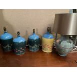 AN COLLECTION OF TABLE LAMPS, 4 Bandon Pottery plus one other, 12 inches tall each approx.