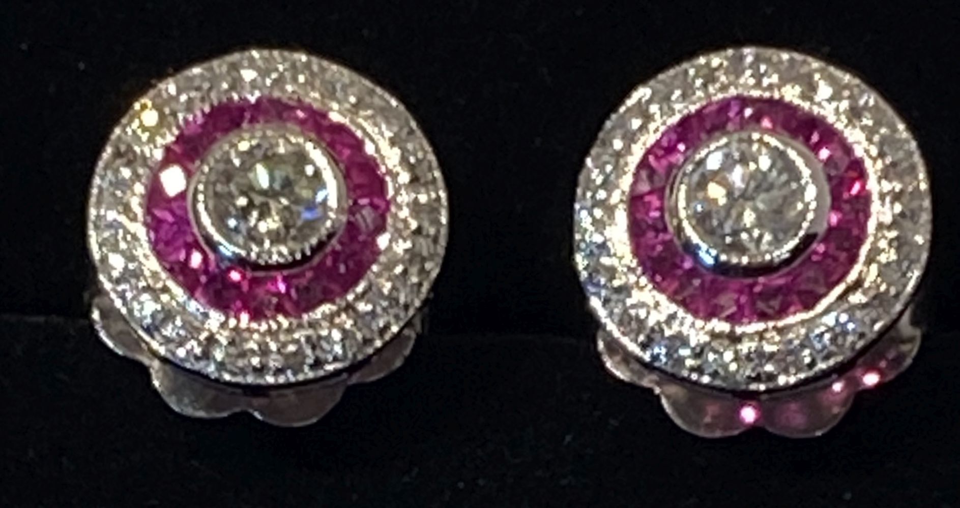 A GLAMOUROUS PAIR OF 18CT WHITE GOLD ART DECO INSPIRED RUBY & DIAMOND TARGET STUD EARRINGS, with a - Image 2 of 2