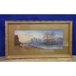 AN EARLY 20TH CENTURY IRISH WATERCOLOUR, “FIGURES ON A PATH BY A RIVER”, unsigned, framers label