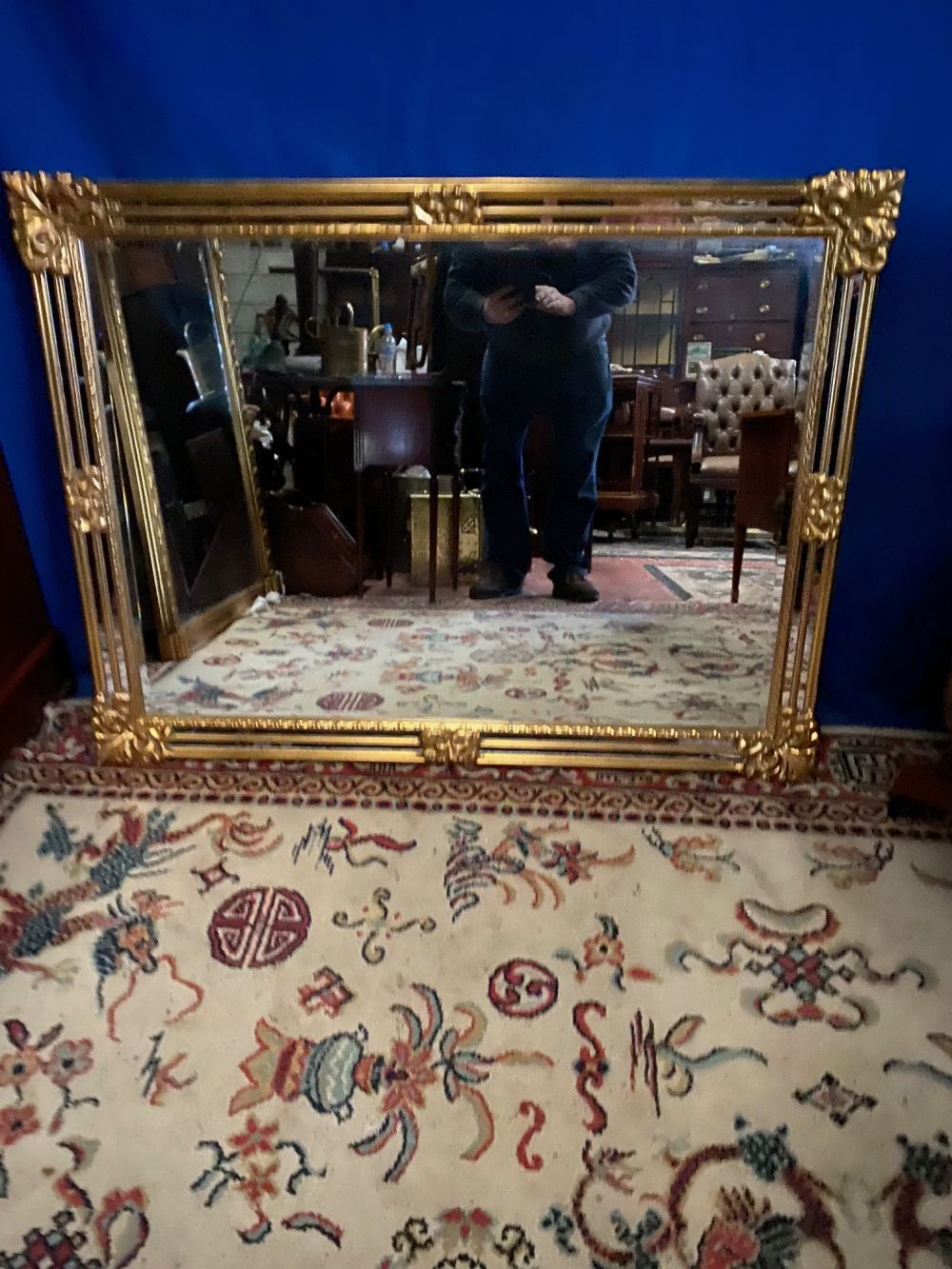 A GILT OVER MANTLE MIRROR, 118cm x 89cm approx.