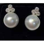 A PAIR OF 18CT WHITE GOLD SOUTH SEA PEARL & DIAMOND EARRINGS, the South Sea pearls are 14mm in