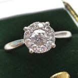 AN 18CT WHITE GOLD DIAMOND CLUSTER RING, with larger central brilliant cut diamond surrounded by