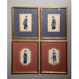 A 19TH CENTURY SET OF FOUR EXTREMELY FINE HAND PAINTED FIGURES ON SILK, c.1840, gently padded in