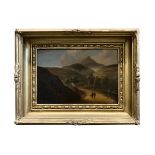 IN THE STYLE OF WILLIAM SADLER, A 19TH CENTURY GILT FRAMED LANDSCAPE, with figures on a pathway,