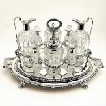 A RARE 19TH CENTURY PAUL STORR STERLING SILVER & GLASS CRUET STAND & CONDIMENT SET, London made,