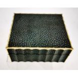 A LATE 19TH CENTURY SHAGREEN COVERED SERPENTINE RECTANGULAR SHAPED WOODEN BOX, leather backed,