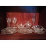 A MIXED LOT OF WATERFORD GLASS ITEMS, includes 2 x claret glasses, 1 x champagne flute, 1 x lidded