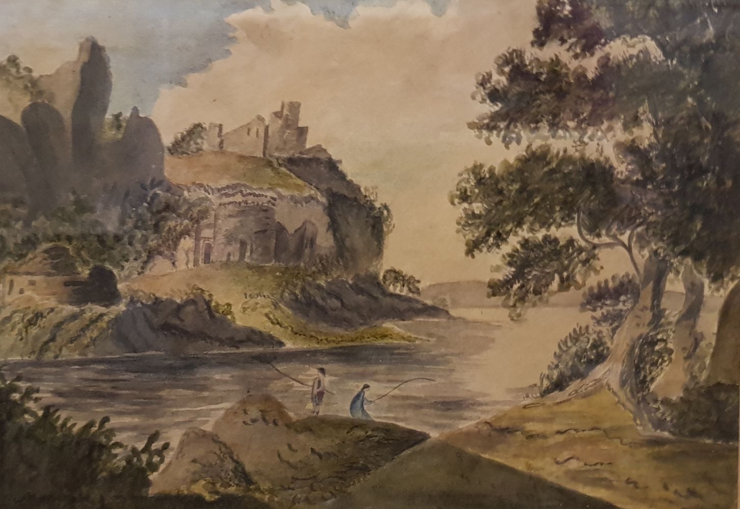 ATTRIB. TO SOPHIA BRISCOE, “SUMMER HILL, FIGURES FISHING IN A LANDSCAPE”, watercolour on paper, ‘