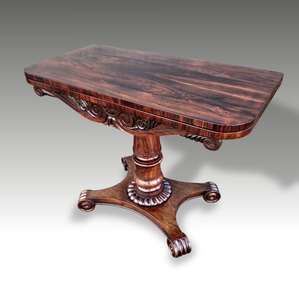 A VERY FINE WILLIAM IV ROSEWOOD FOLD OVER CARD TABLE, circa 1830, - Image 2 of 4