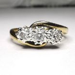 A 9CT YELLOW GOLD VINTAGE DIAMOND TRIOLOGY RING, Size J. Fully ha