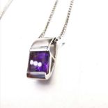 AN 18CT WHITE GOLD PRINCESS CUT AMETHYST PENDANT NECKLACE, fully