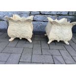 A PAIR OF CAST IRON CREAM PLANTERS, 14 inches square approx.