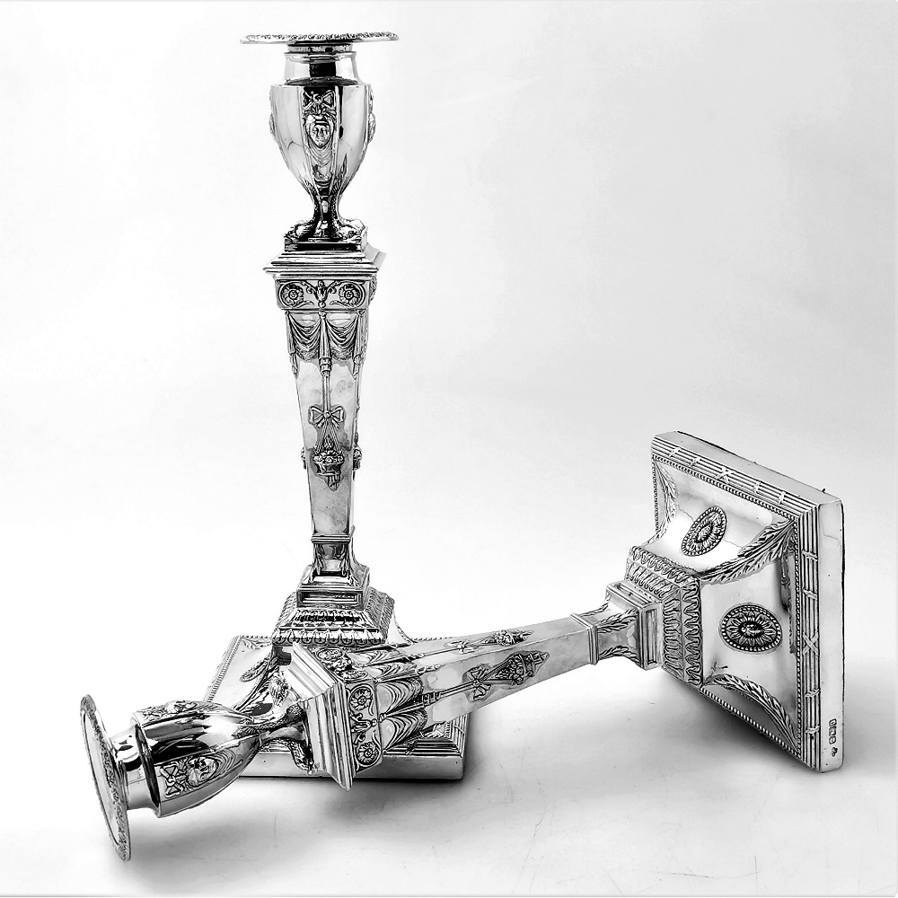 A PAIR OF GEORGE III STYLE SILVER CANDLE STICKS, Sheffield, date - Image 3 of 5