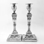 A PAIR OF GEORGE III STYLE SILVER CANDLE STICKS, Sheffield, date