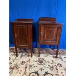 TWO MAHOGANY INLAID CABINETS, each with a raised back gallery ove