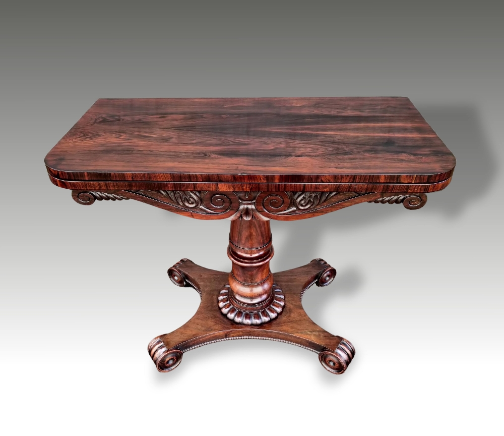 A VERY FINE WILLIAM IV ROSEWOOD FOLD OVER CARD TABLE, circa 1830,