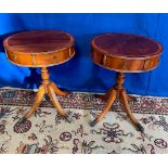 A PAIR OF YEW WOOD DRUM SIDE / LAMP TABLES, each with a single dr