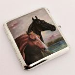 A FINE ANTIQUE SILVER & ENAMEL CIGARETTE CASE with horse motif to