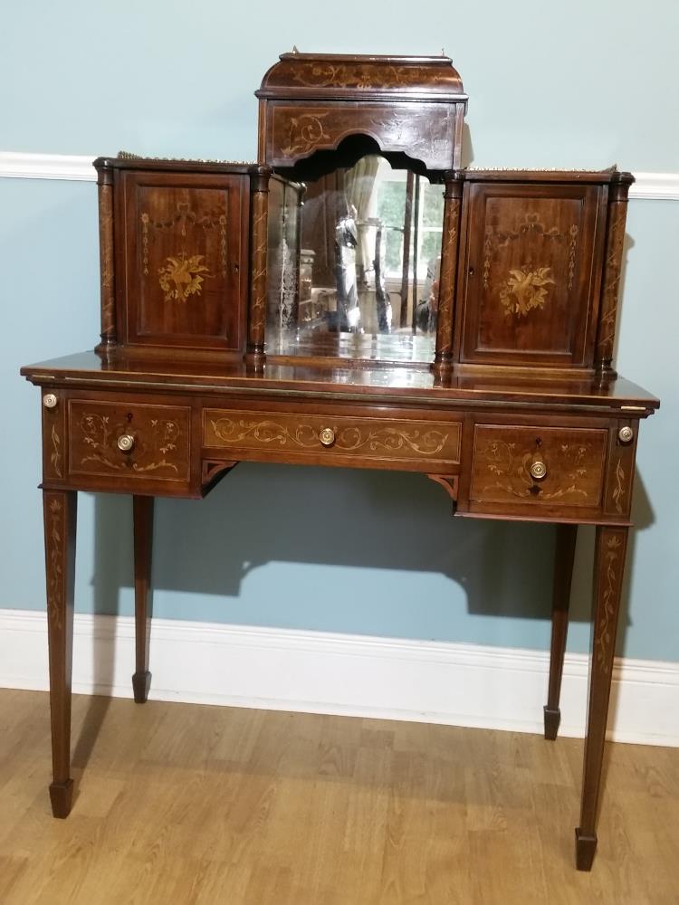 A MID 19TH CENTURY MAHOGANY AND MARQUETRY INLAID WRITING TABLE. T