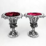 A LARGE PAIR OF MID 19TH CENTURY SILVER & GLASS VASES, Birmingham